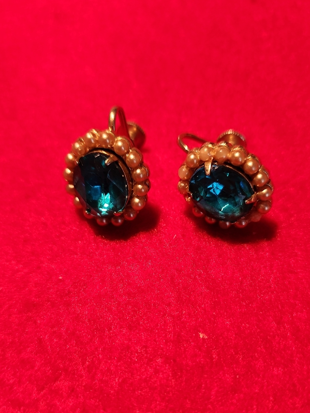 Vintage Coro Gold-Tone Pearl Halo Earrings with Blue Crystal Center
